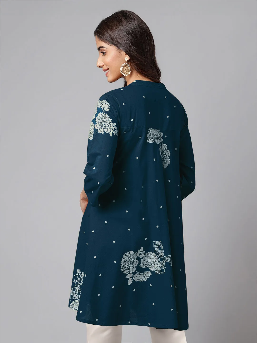 Teal Blue Pure Cotton Floral Printed Flared Tunic  - By Janasya