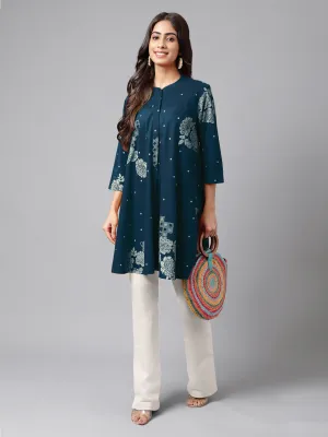 Teal Blue Pure Cotton Floral Printed Flared Tunic  - By Janasya