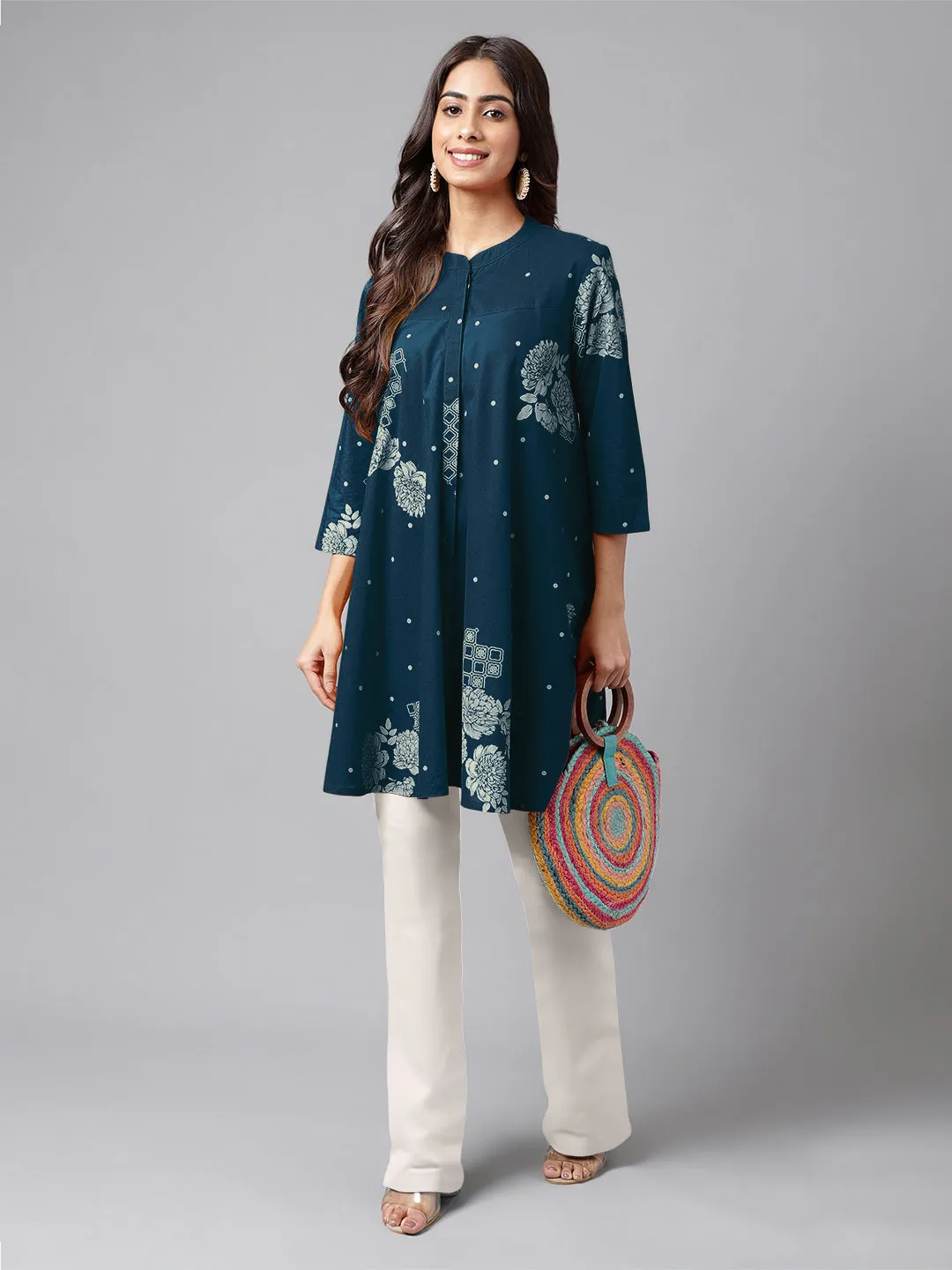 Teal Blue Pure Cotton Floral Printed Flared Tunic  - By Janasya