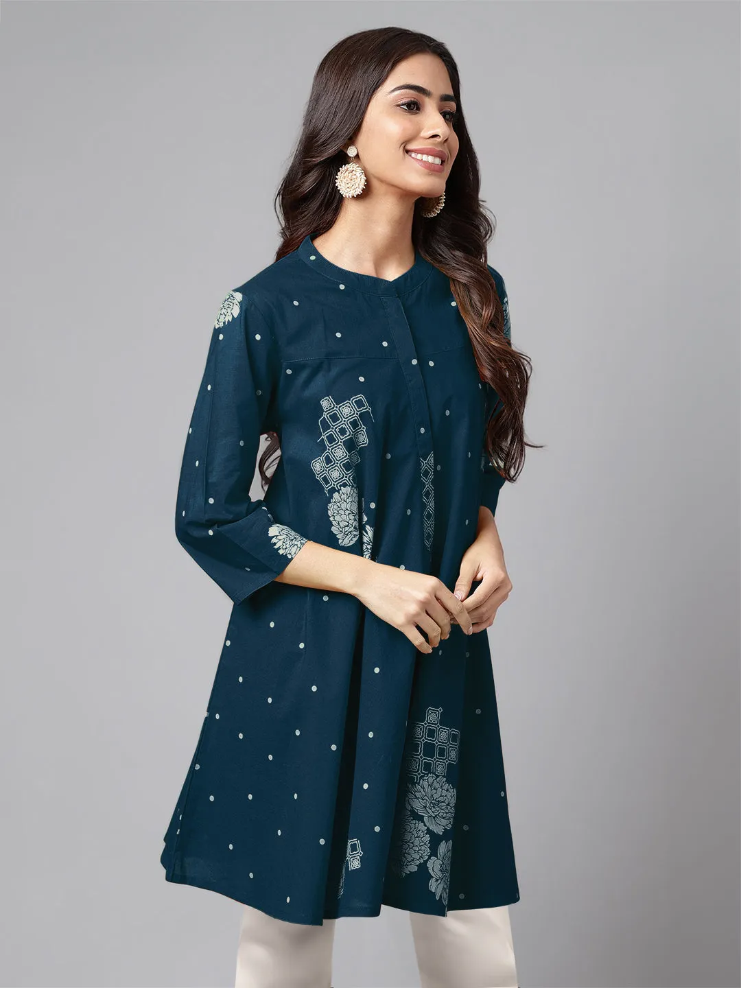 Teal Blue Pure Cotton Floral Printed Flared Tunic  - By Janasya