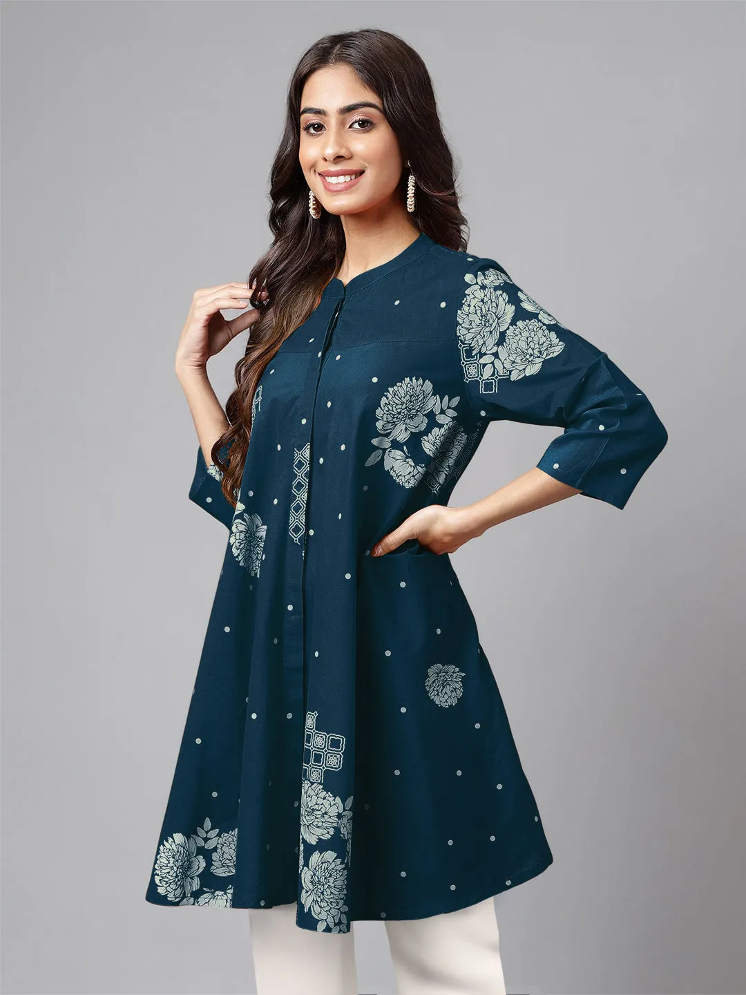 Teal Blue Pure Cotton Floral Printed Flared Tunic  - By Janasya