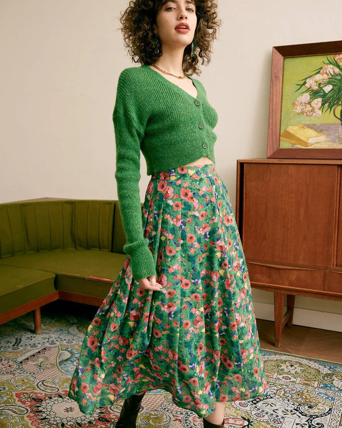 The Green Pleated Floral Skirt