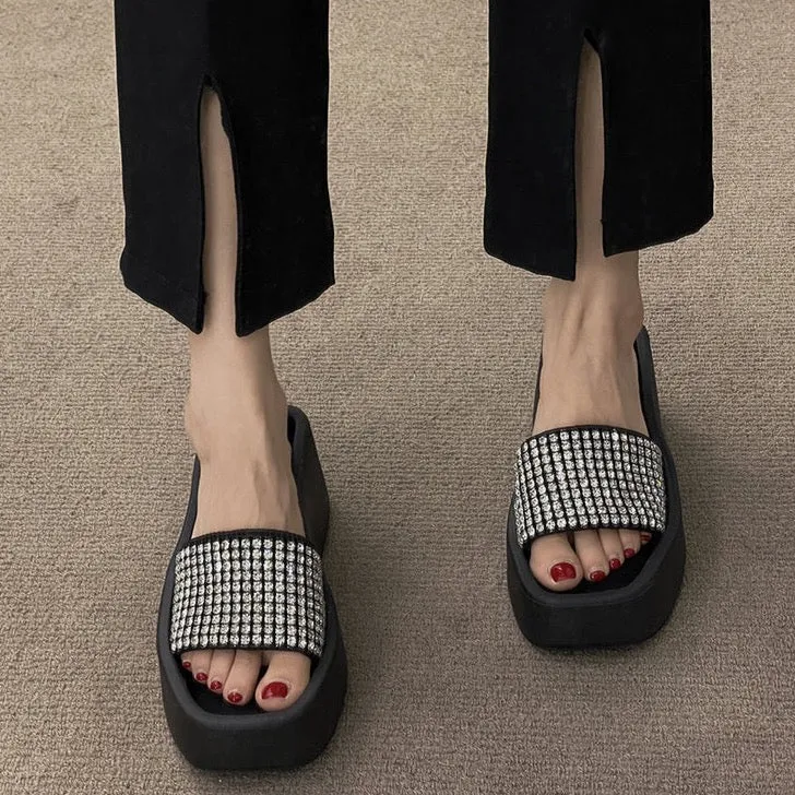 Thierry Rhinestone Sequin Upper Platform Slippers - 2 Colors