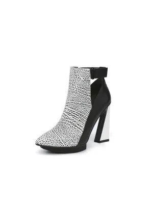 Triangled Silver High Heel Cut Out White Leather Platform Ankle Boots