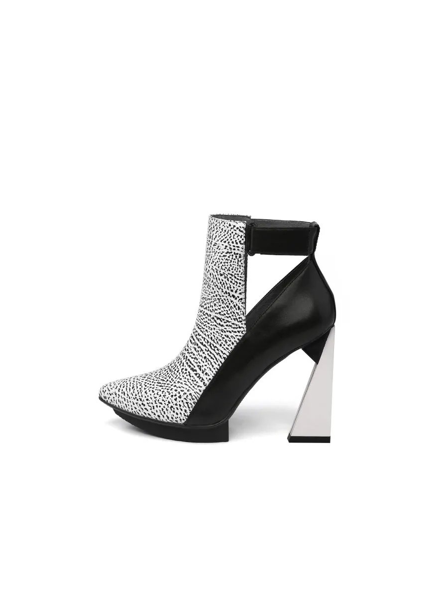 Triangled Silver High Heel Cut Out White Leather Platform Ankle Boots