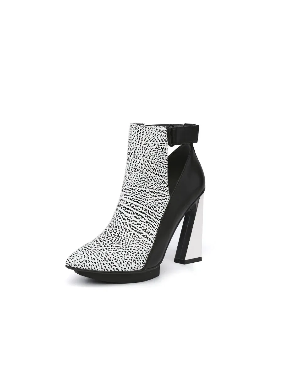 Triangled Silver High Heel Cut Out White Leather Platform Ankle Boots