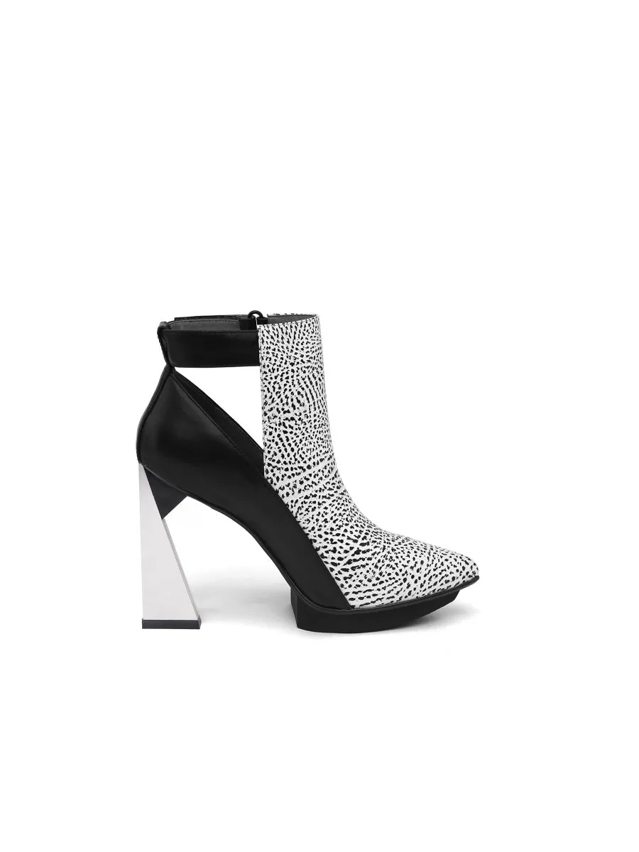 Triangled Silver High Heel Cut Out White Leather Platform Ankle Boots