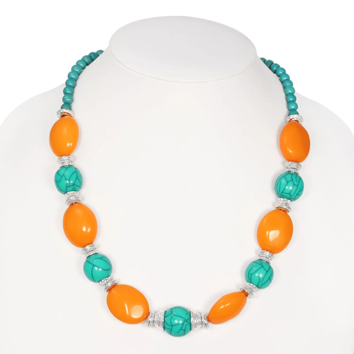 TURQUOISE ORANGE AND SILVER BEADS NECKLACE #FWNK-1804-154