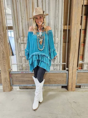 Turquoise Velvet Ruffle Top by A Rare Bird