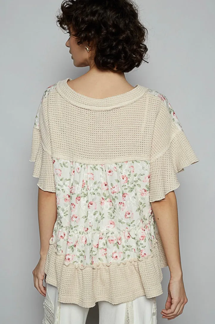 Vanna Floral V-Neck Ruffle Top Almond Multi