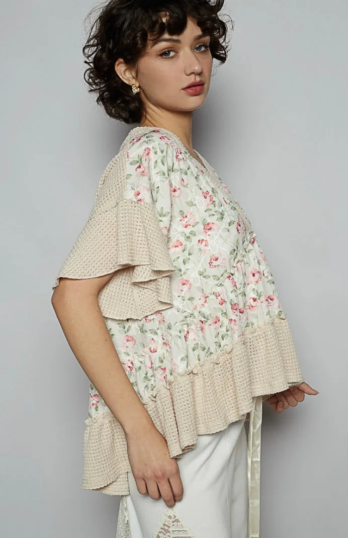 Vanna Floral V-Neck Ruffle Top Almond Multi
