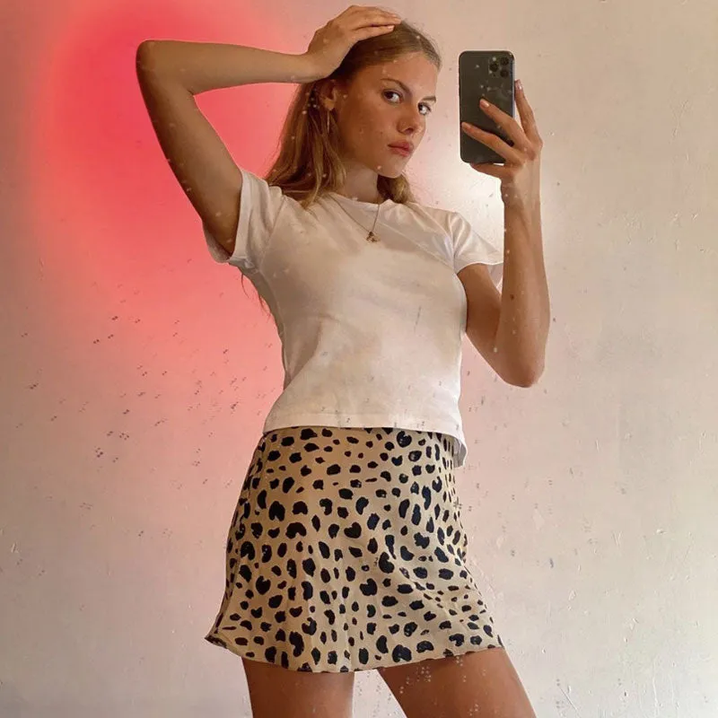 Vintage Leopard Printed High Waist A-Line Mini Satin Skirt - Coffee