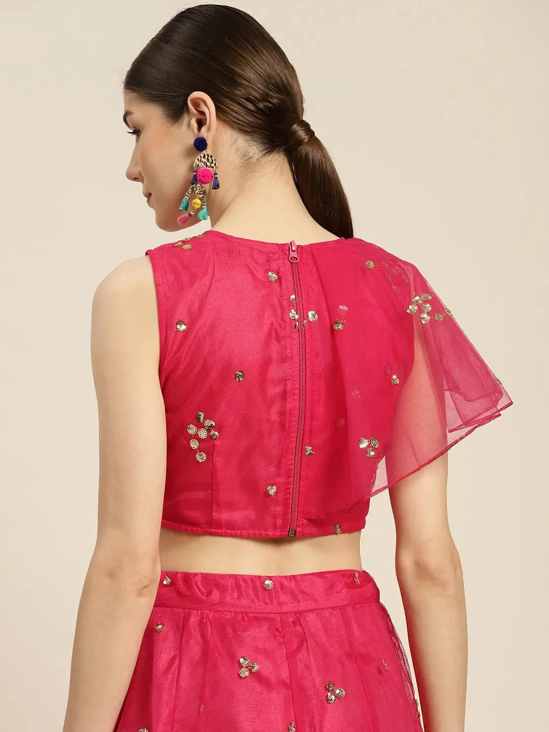 Women Fuchsia Tulle Sequins Ruffle Detail Crop Top