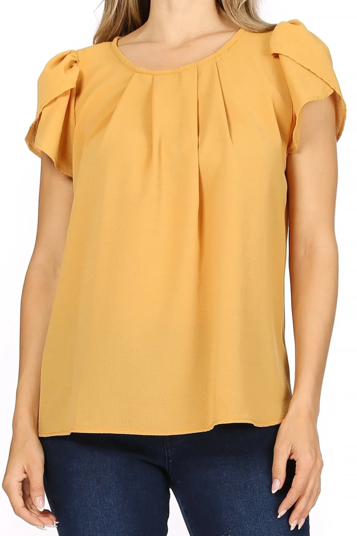 Women's Casual Solid Pleated Front Petal Cap Sleeve Round Neck Tee Blouse Top