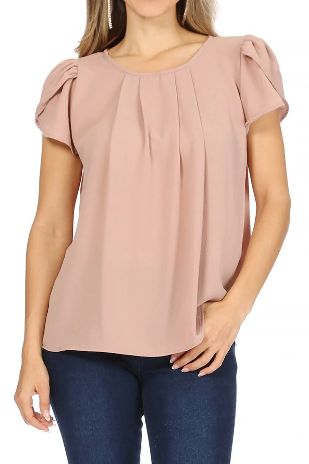 Women's Casual Solid Pleated Front Petal Cap Sleeve Round Neck Tee Blouse Top