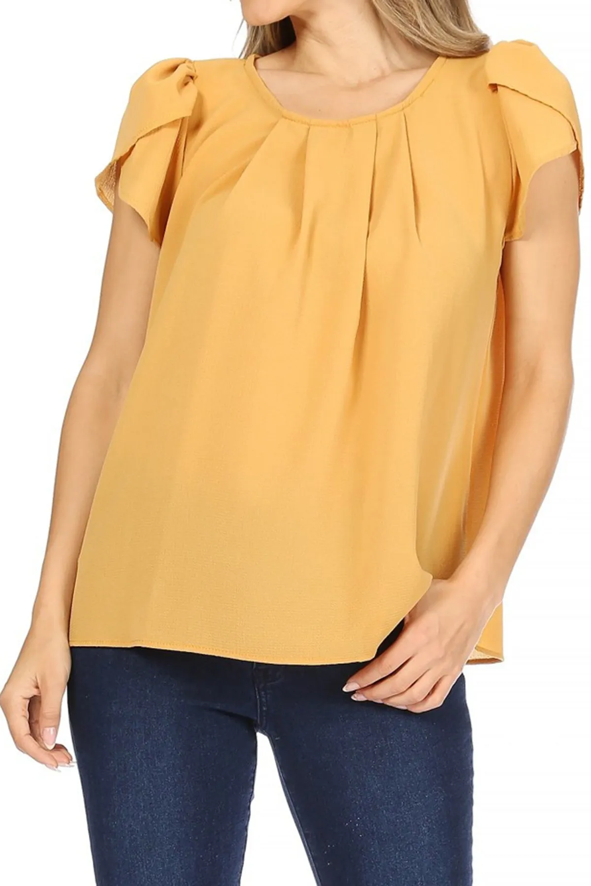Women's Casual Solid Pleated Front Petal Cap Sleeve Round Neck Tee Blouse Top