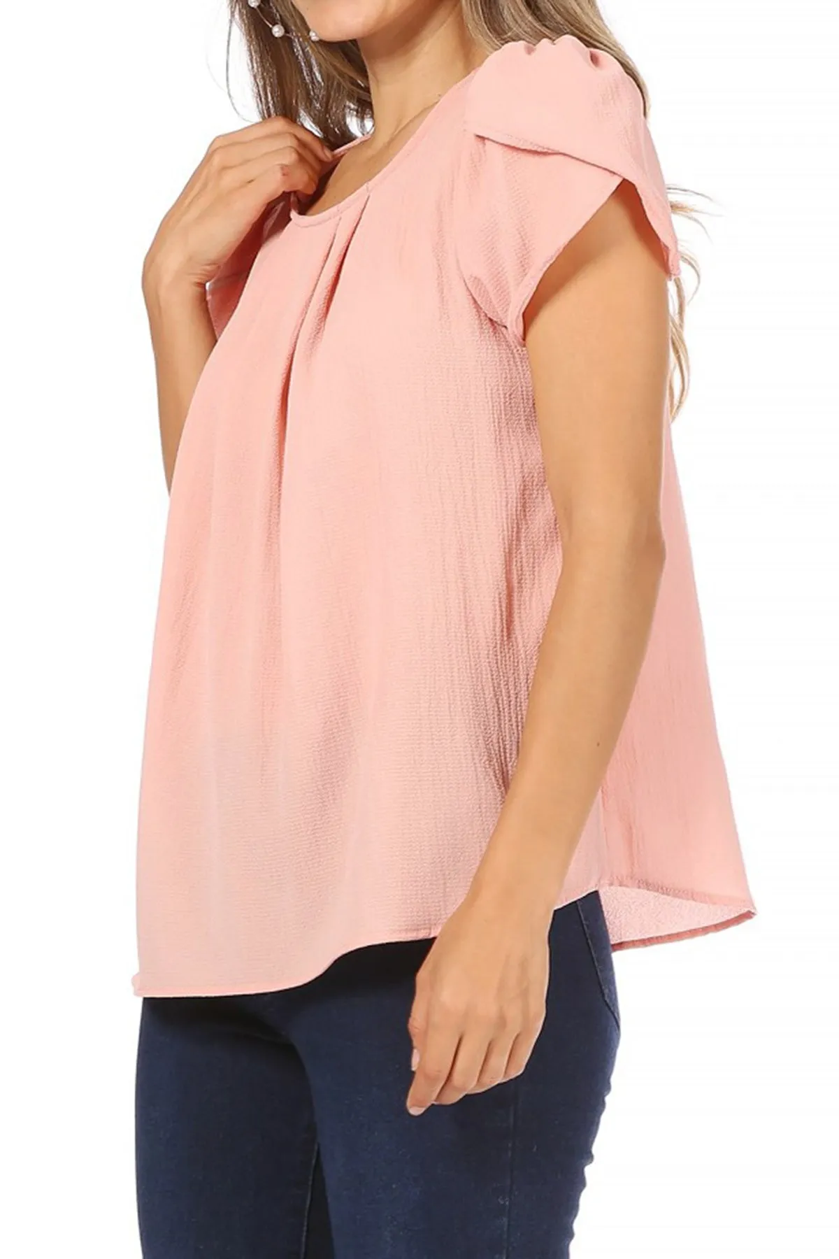 Women's Casual Solid Pleated Front Petal Cap Sleeve Round Neck Tee Blouse Top