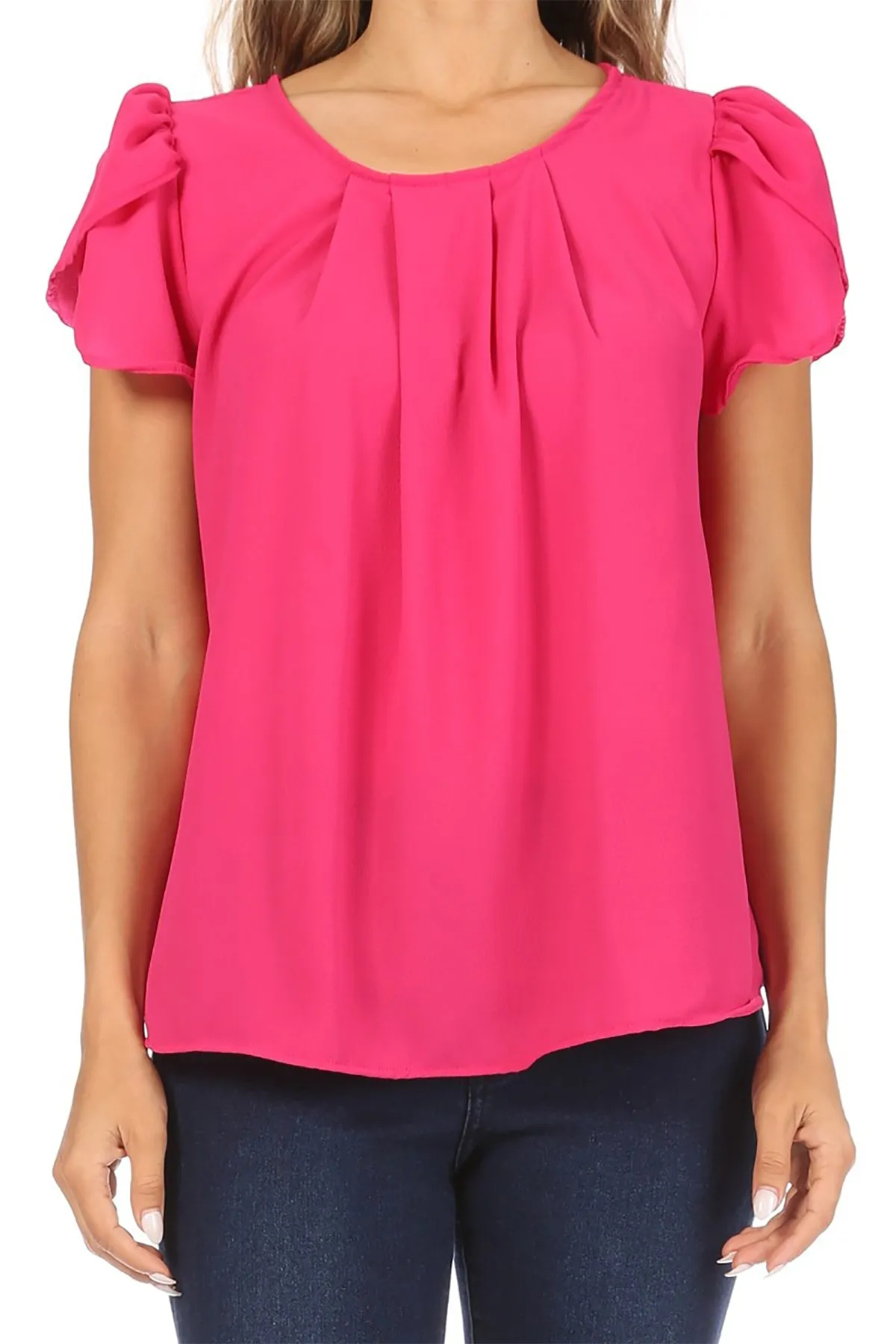 Women's Casual Solid Pleated Front Petal Cap Sleeve Round Neck Tee Blouse Top