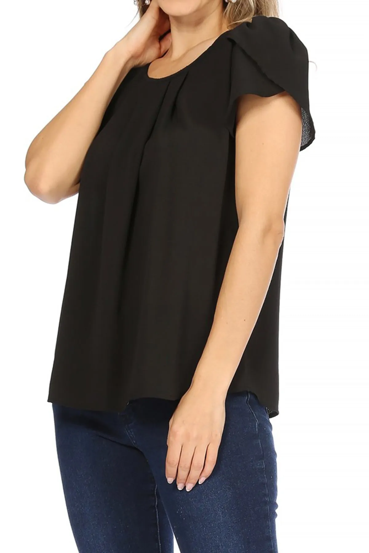 Women's Casual Solid Pleated Front Petal Cap Sleeve Round Neck Tee Blouse Top