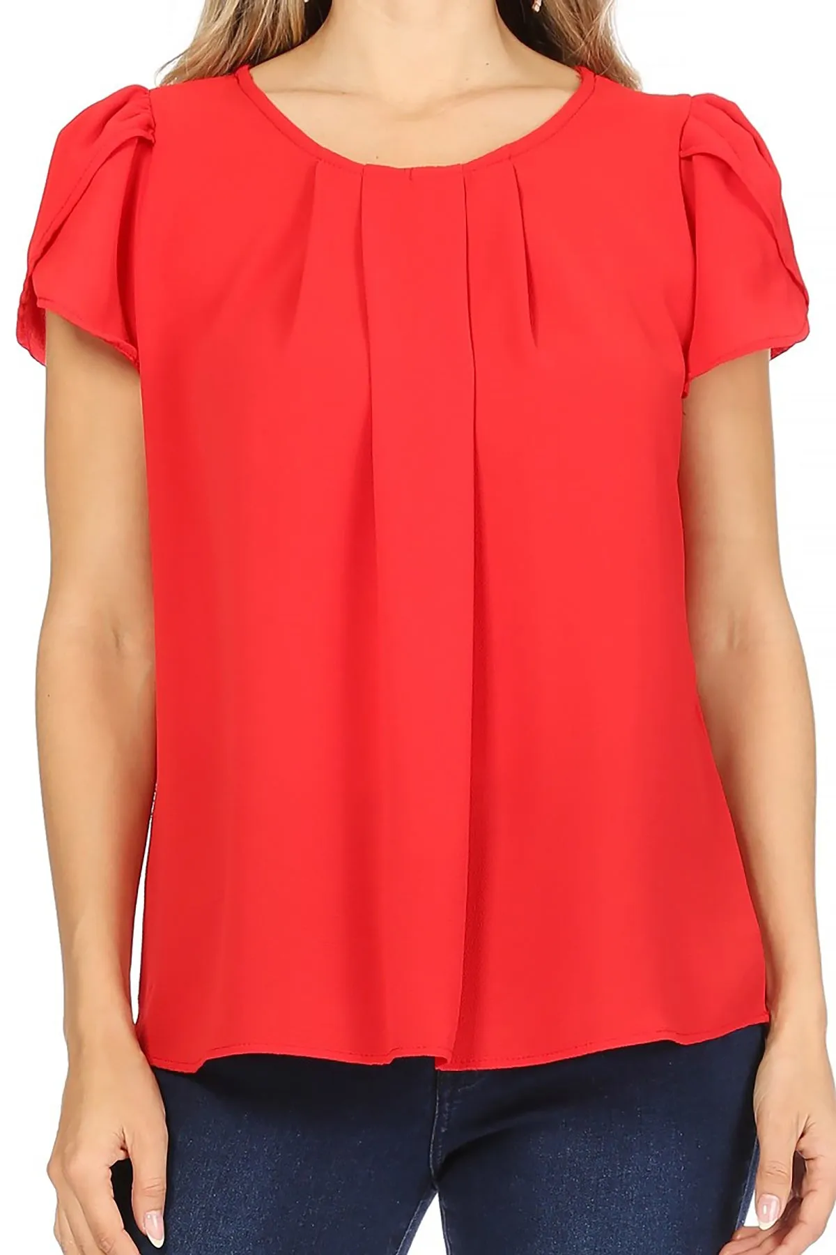 Women's Casual Solid Pleated Front Petal Cap Sleeve Round Neck Tee Blouse Top