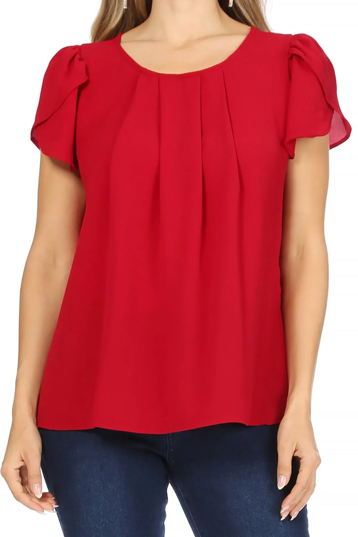 Women's Casual Solid Pleated Front Petal Cap Sleeve Round Neck Tee Blouse Top