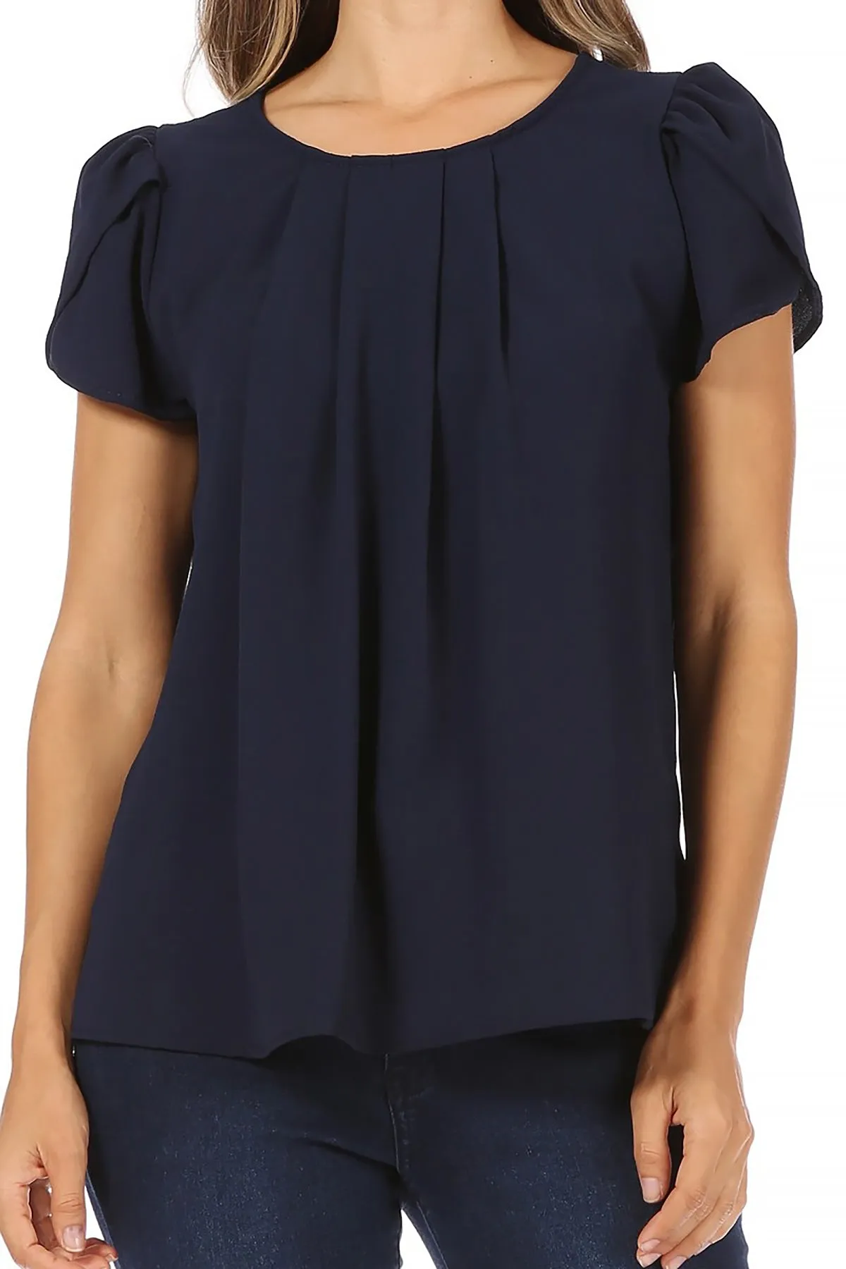 Women's Casual Solid Pleated Front Petal Cap Sleeve Round Neck Tee Blouse Top