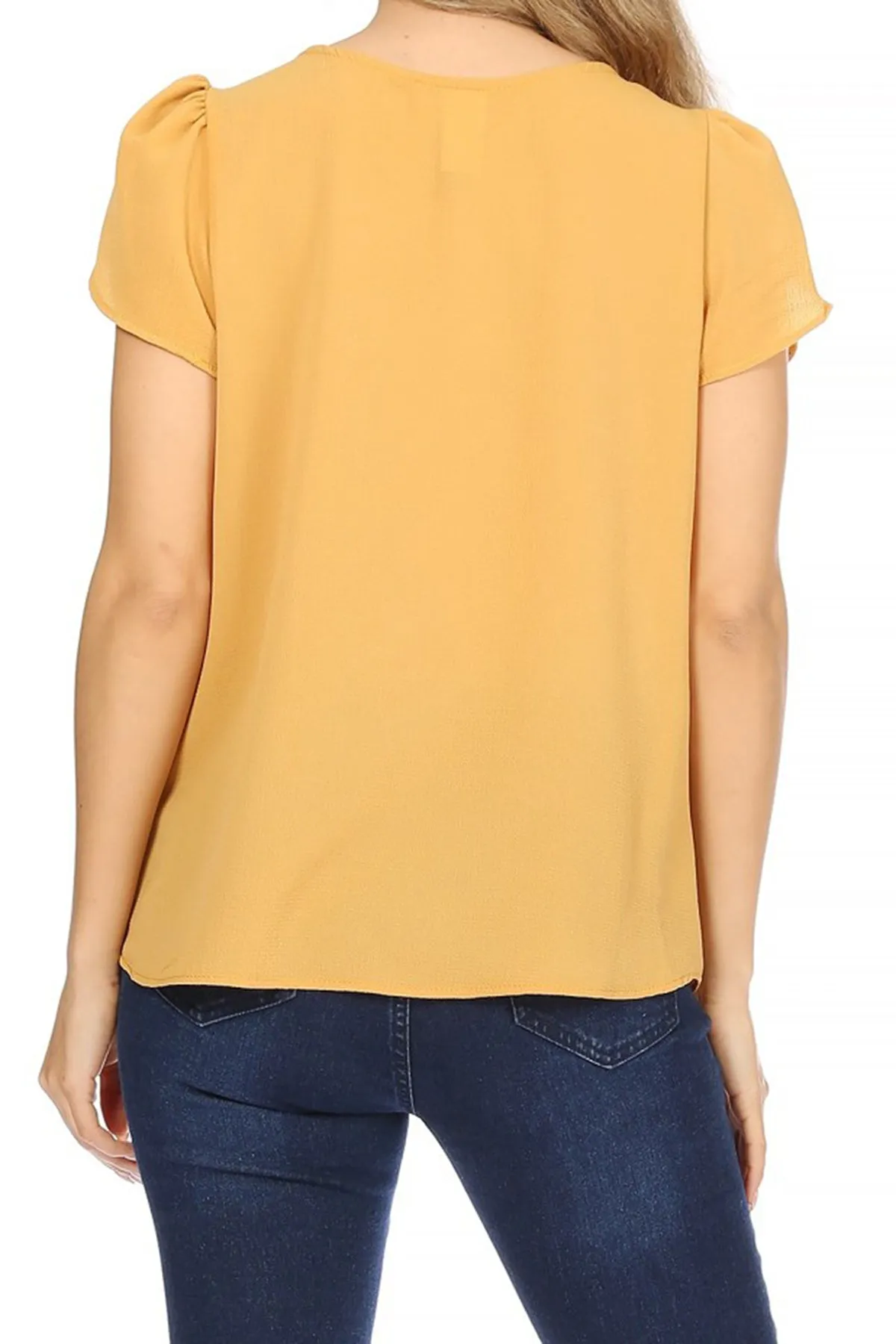 Women's Casual Solid Pleated Front Petal Cap Sleeve Round Neck Tee Blouse Top