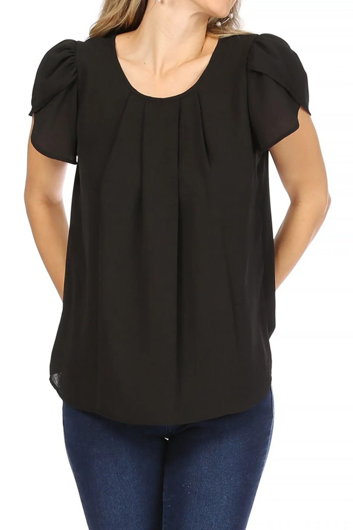 Women's Casual Solid Pleated Front Petal Cap Sleeve Round Neck Tee Blouse Top