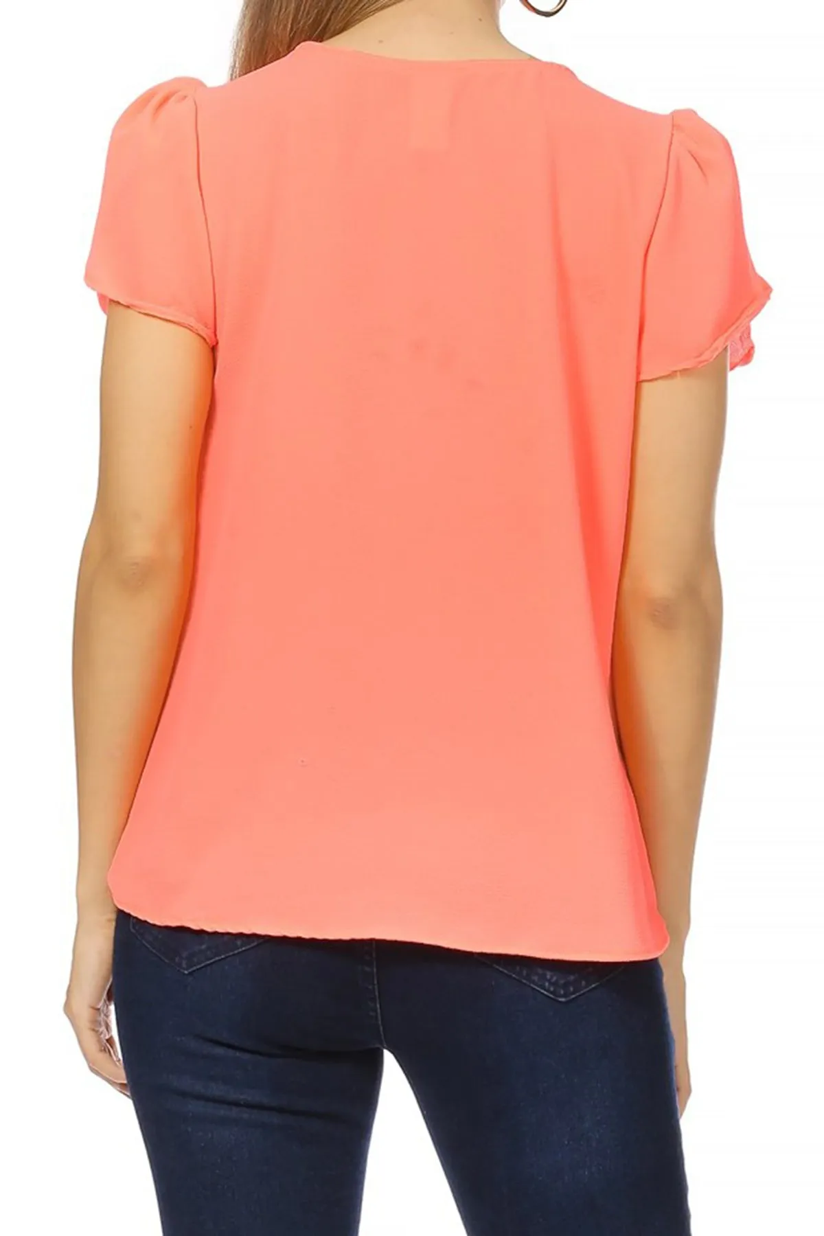 Women's Casual Solid Pleated Front Petal Cap Sleeve Round Neck Tee Blouse Top