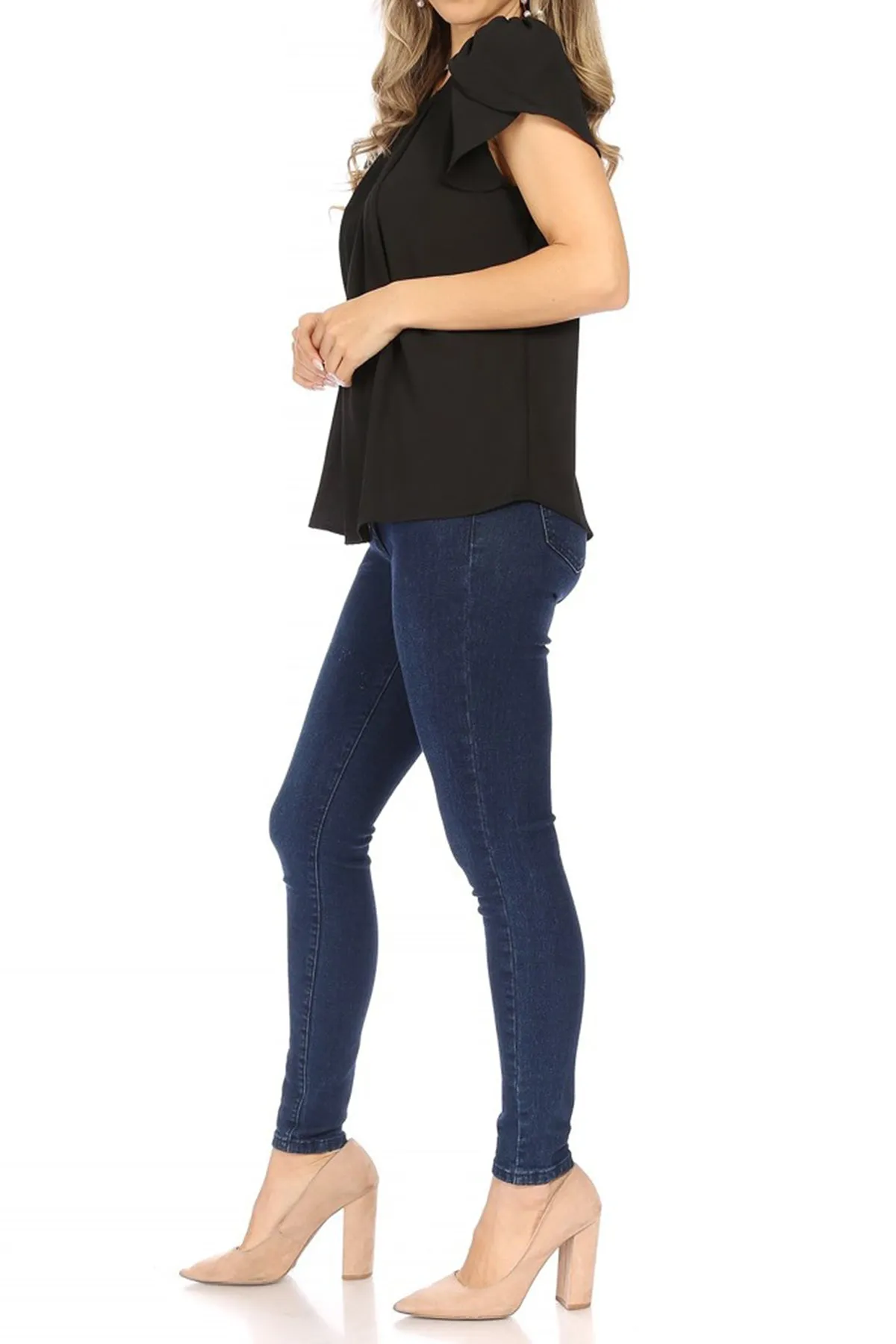 Women's Casual Solid Pleated Front Petal Cap Sleeve Round Neck Tee Blouse Top