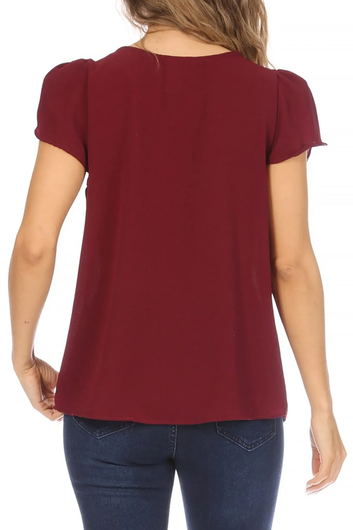 Women's Casual Solid Pleated Front Petal Cap Sleeve Round Neck Tee Blouse Top