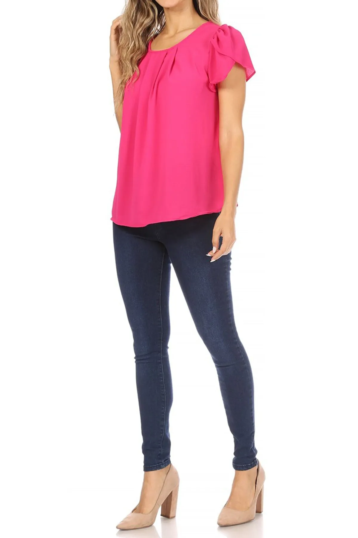 Women's Casual Solid Pleated Front Petal Cap Sleeve Round Neck Tee Blouse Top