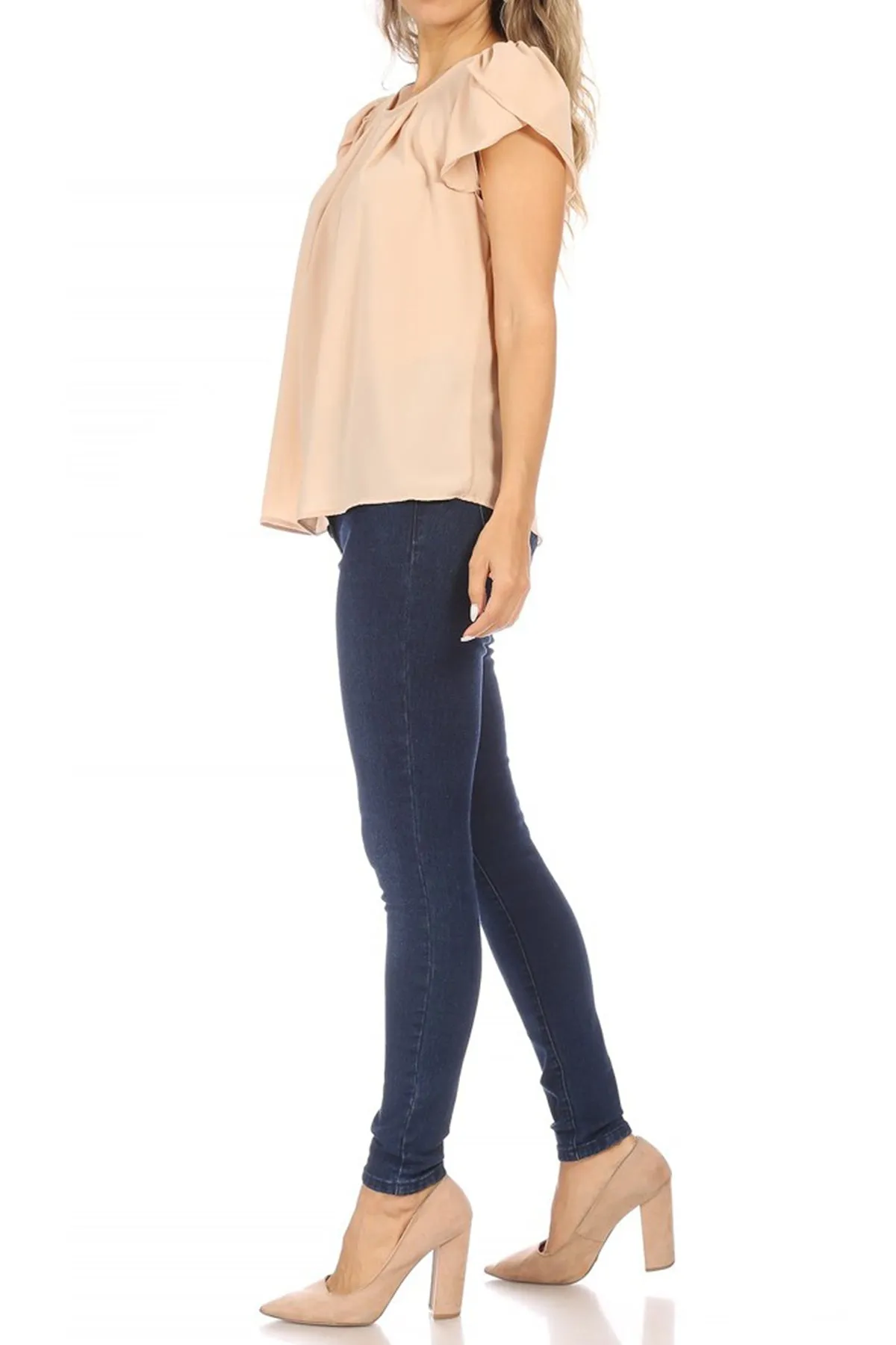 Women's Casual Solid Pleated Front Petal Cap Sleeve Round Neck Tee Blouse Top