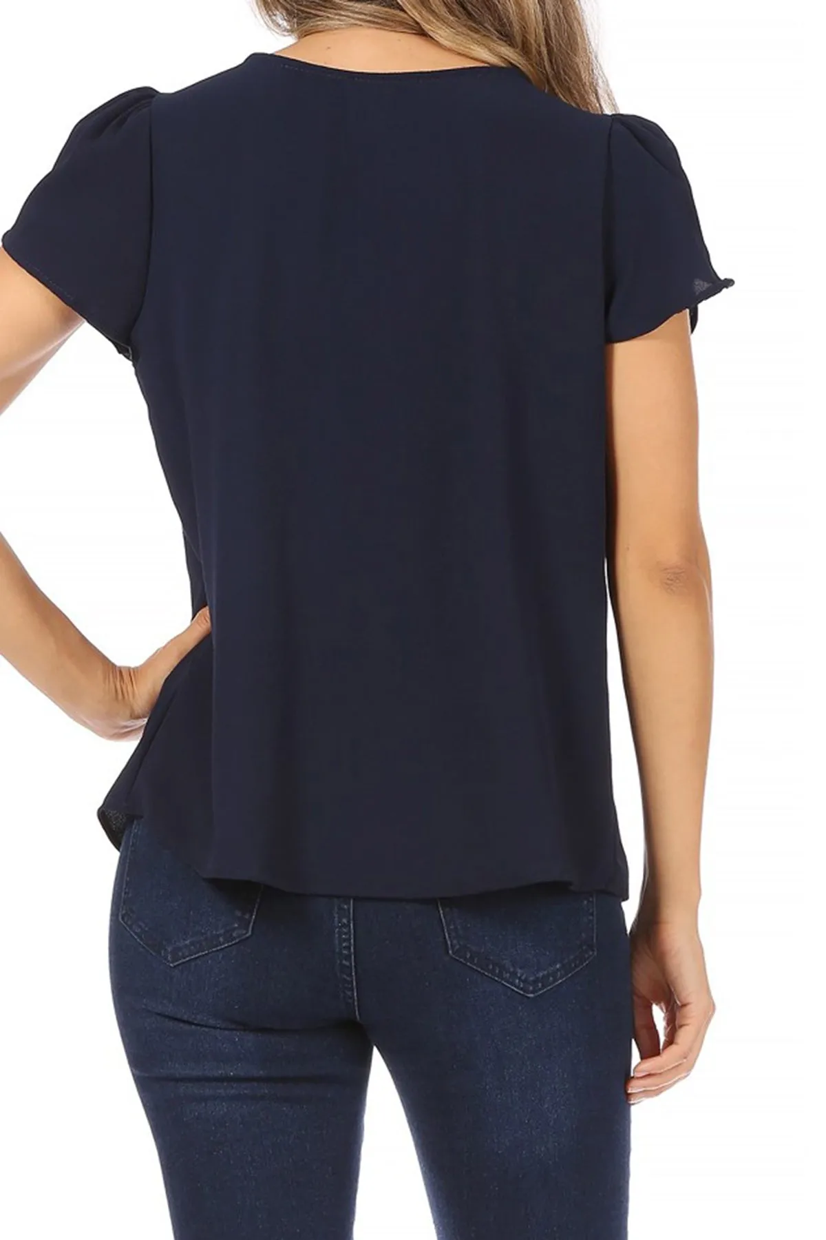 Women's Casual Solid Pleated Front Petal Cap Sleeve Round Neck Tee Blouse Top