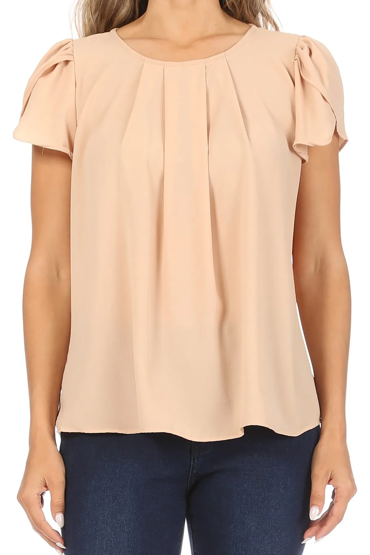 Women's Casual Solid Pleated Front Petal Cap Sleeve Round Neck Tee Blouse Top