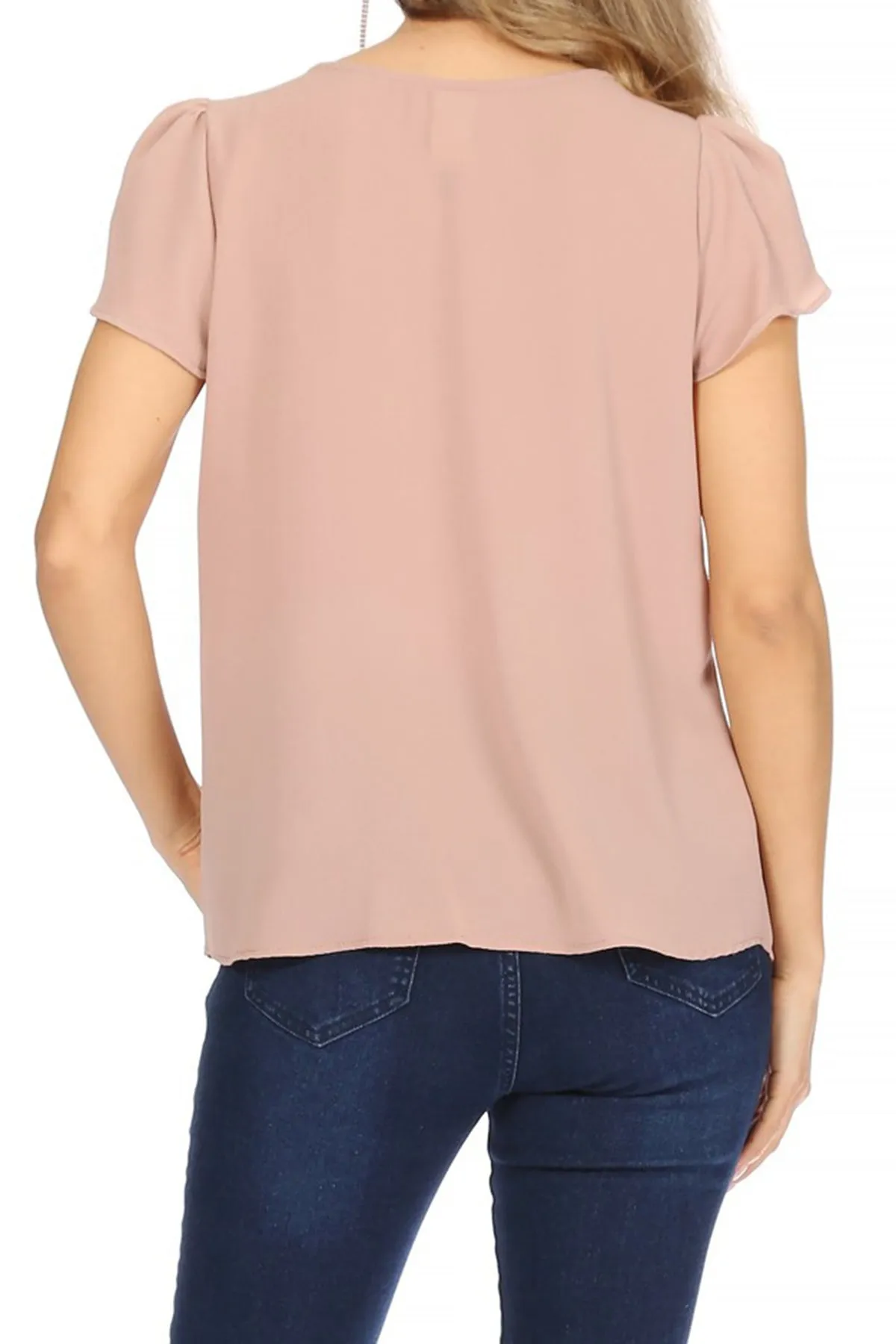 Women's Casual Solid Pleated Front Petal Cap Sleeve Round Neck Tee Blouse Top