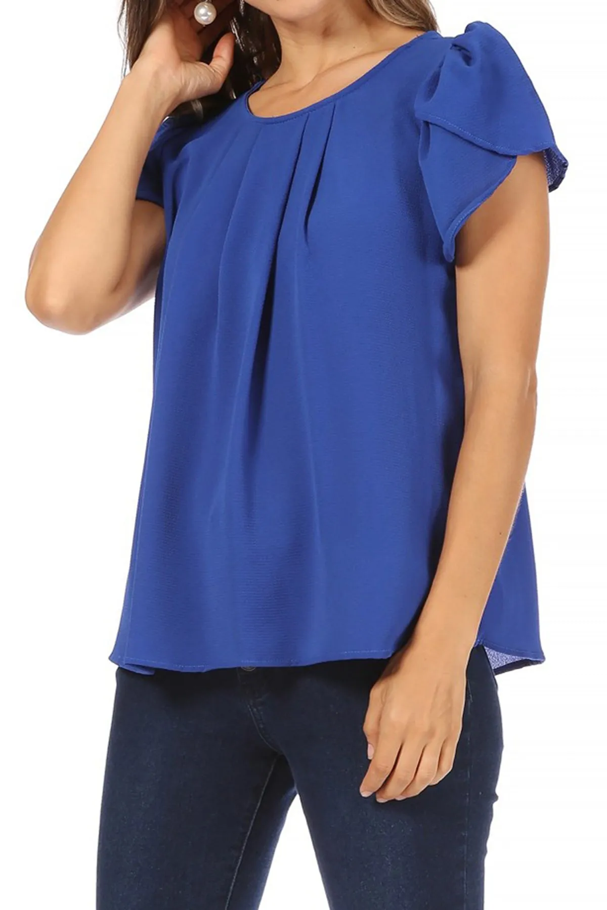 Women's Casual Solid Pleated Front Petal Cap Sleeve Round Neck Tee Blouse Top