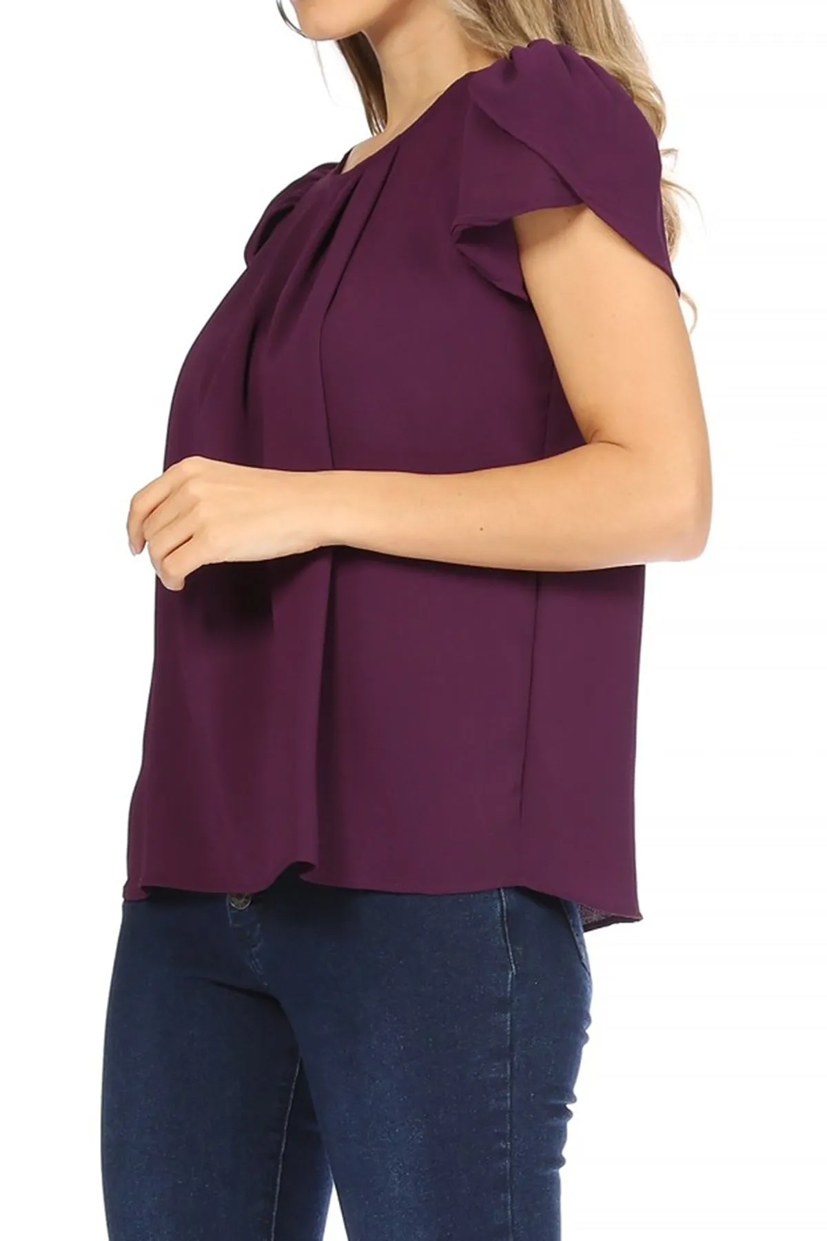 Women's Casual Solid Pleated Front Petal Cap Sleeve Round Neck Tee Blouse Top