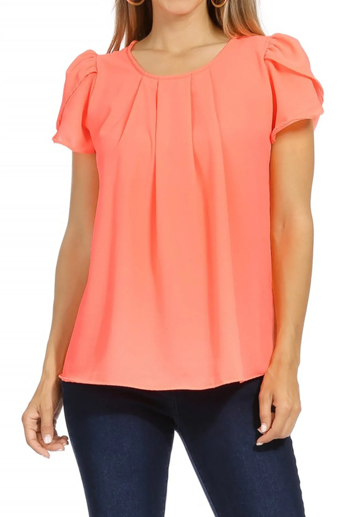 Women's Casual Solid Pleated Front Petal Cap Sleeve Round Neck Tee Blouse Top