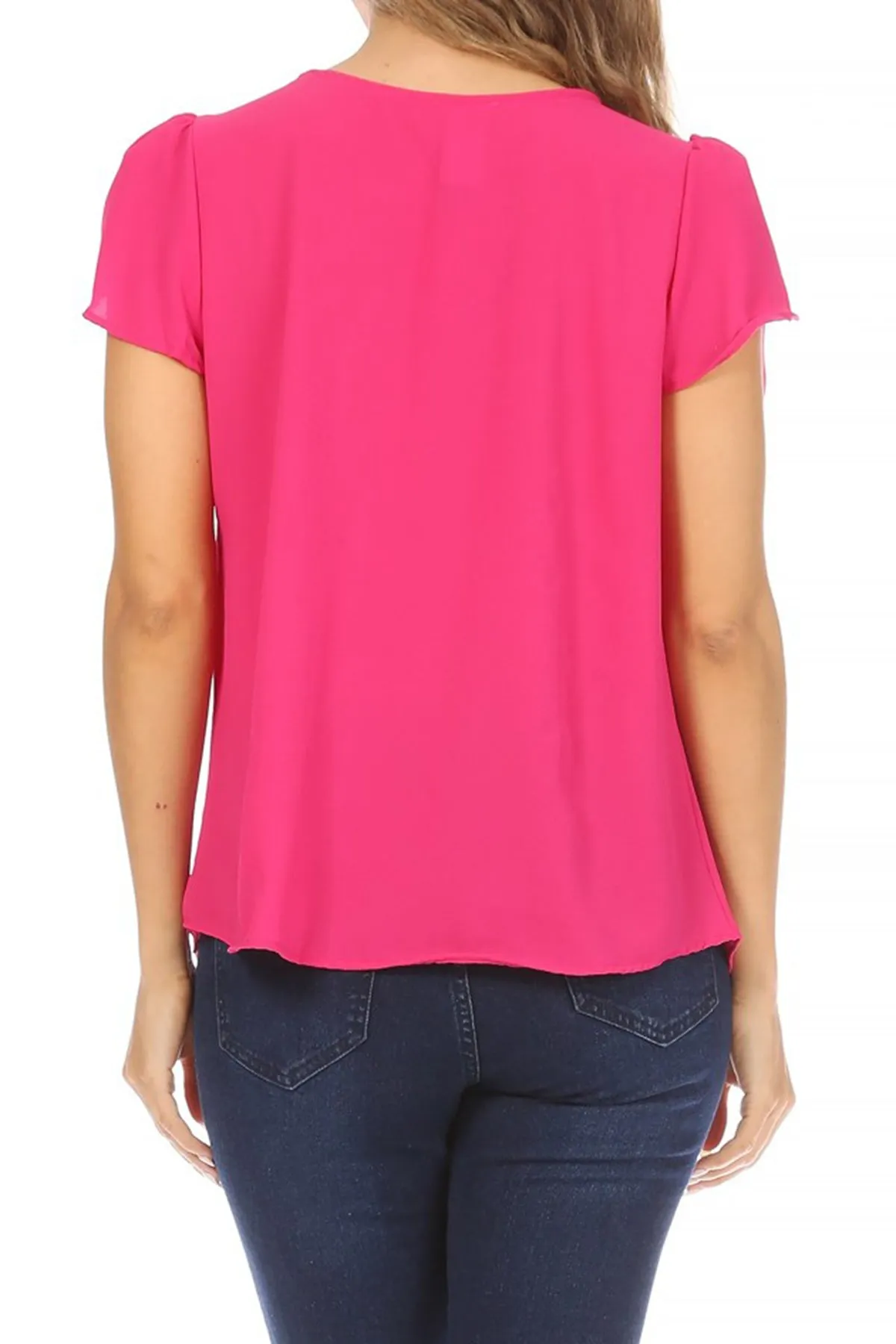 Women's Casual Solid Pleated Front Petal Cap Sleeve Round Neck Tee Blouse Top