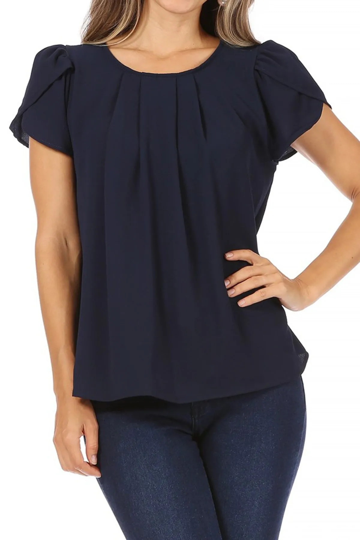 Women's Casual Solid Pleated Front Petal Cap Sleeve Round Neck Tee Blouse Top