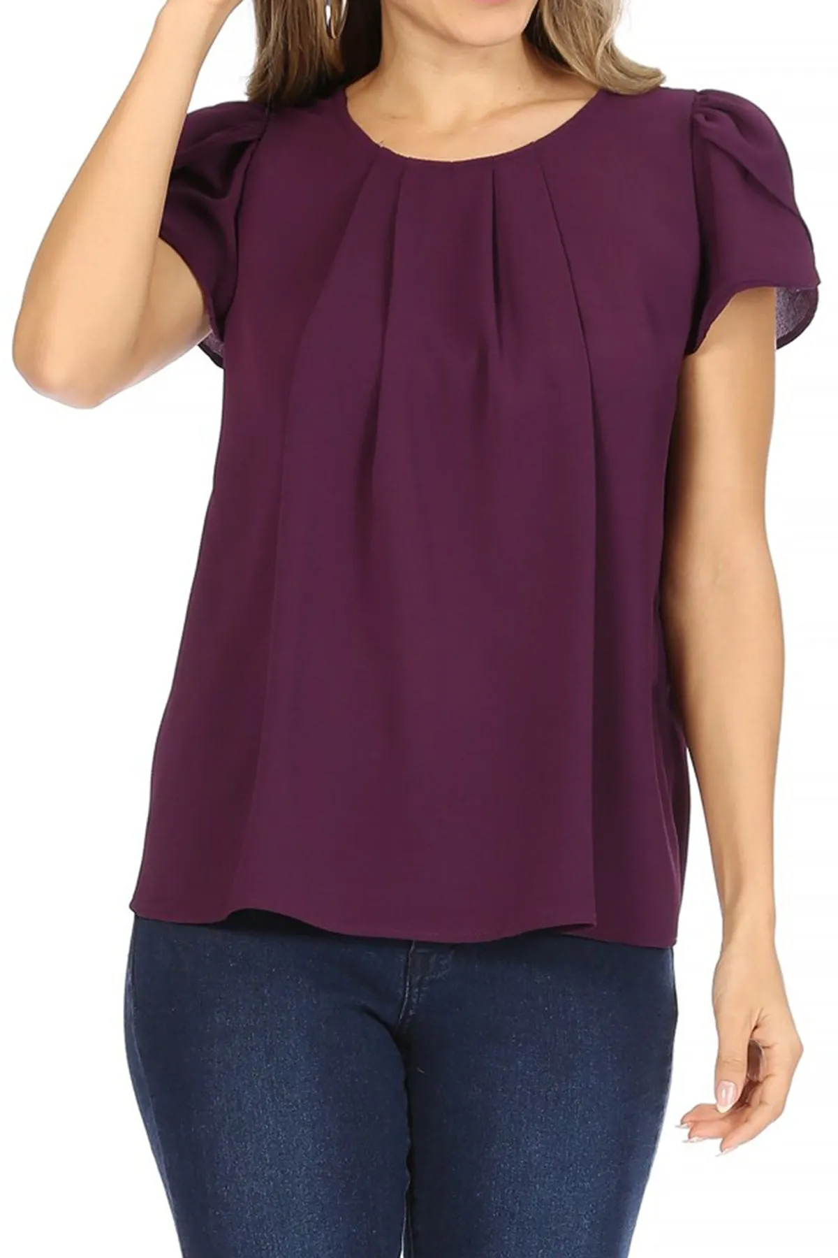 Women's Casual Solid Pleated Front Petal Cap Sleeve Round Neck Tee Blouse Top