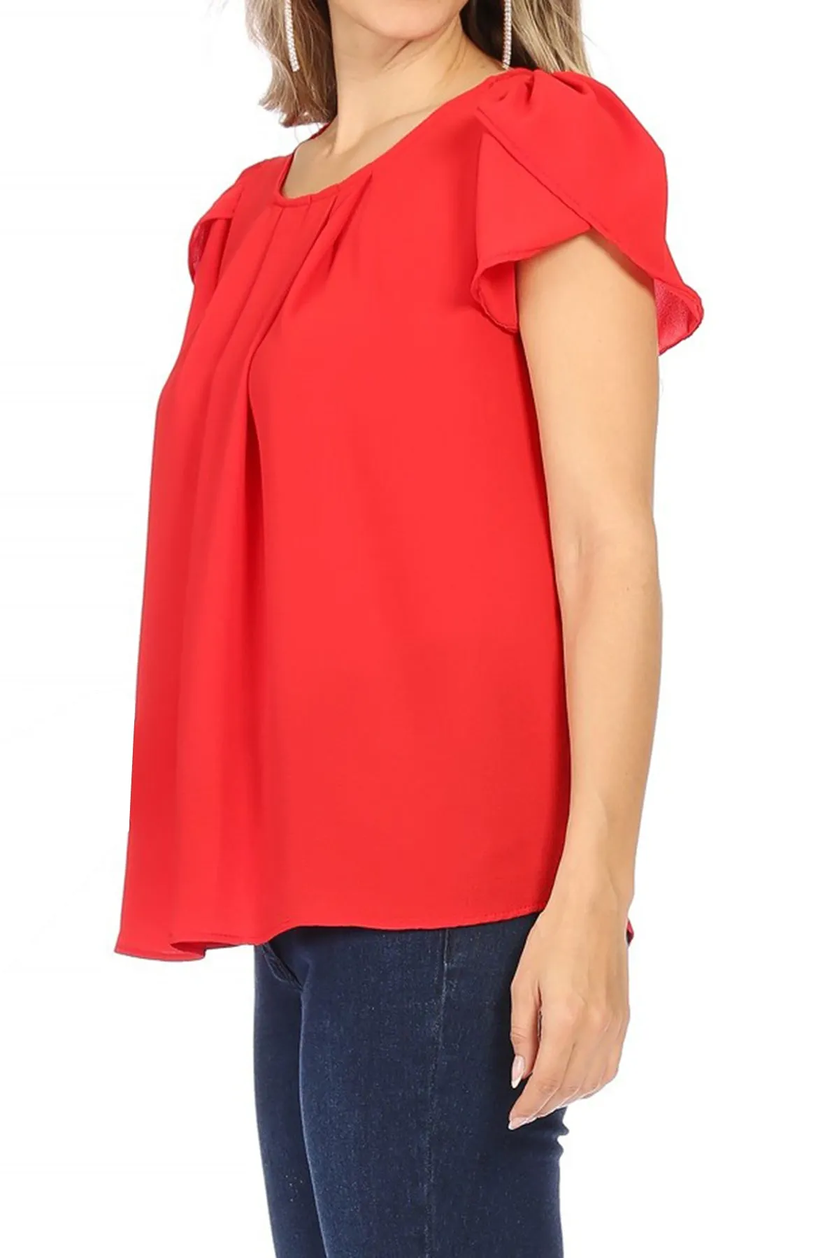 Women's Casual Solid Pleated Front Petal Cap Sleeve Round Neck Tee Blouse Top