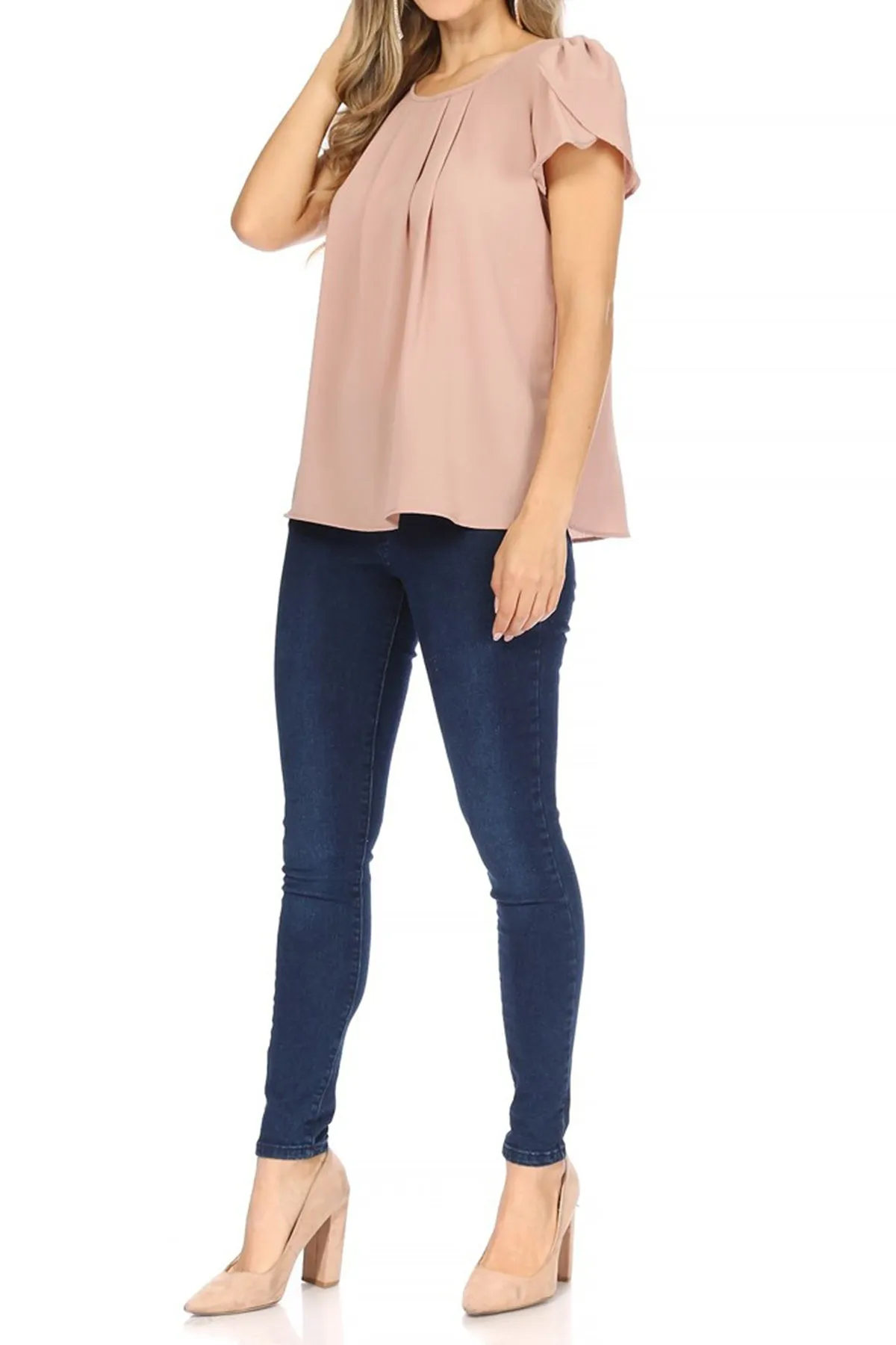 Women's Casual Solid Pleated Front Petal Cap Sleeve Round Neck Tee Blouse Top