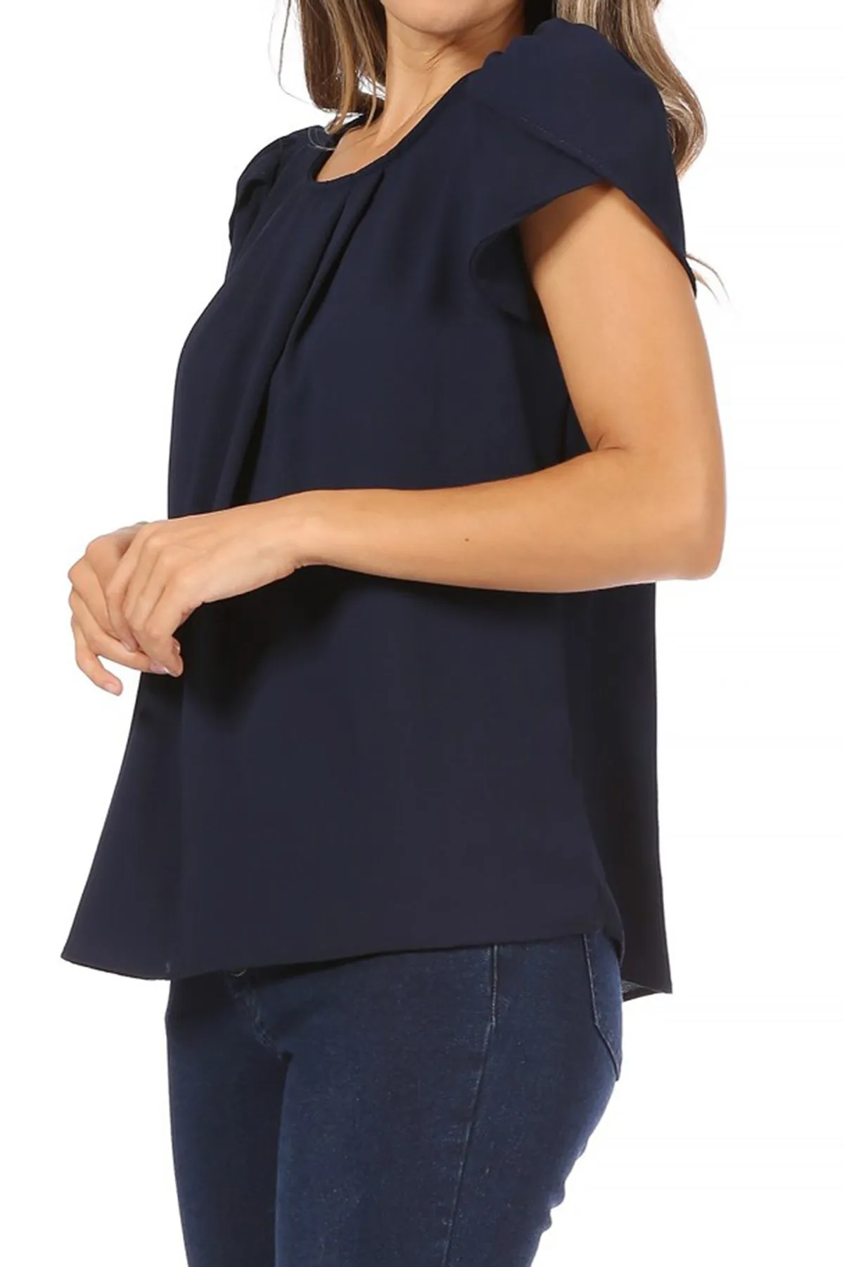 Women's Casual Solid Pleated Front Petal Cap Sleeve Round Neck Tee Blouse Top