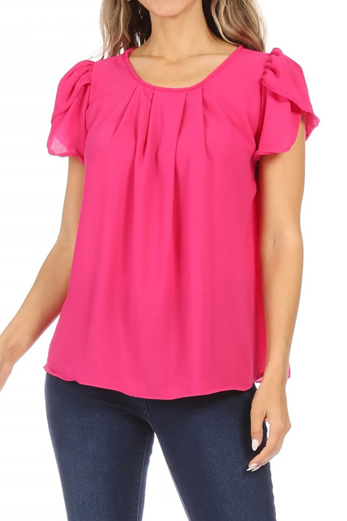 Women's Casual Solid Pleated Front Petal Cap Sleeve Round Neck Tee Blouse Top