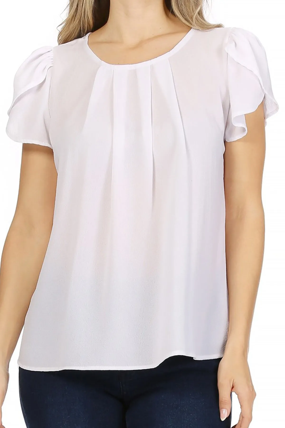 Women's Casual Solid Pleated Front Petal Cap Sleeve Round Neck Tee Blouse Top