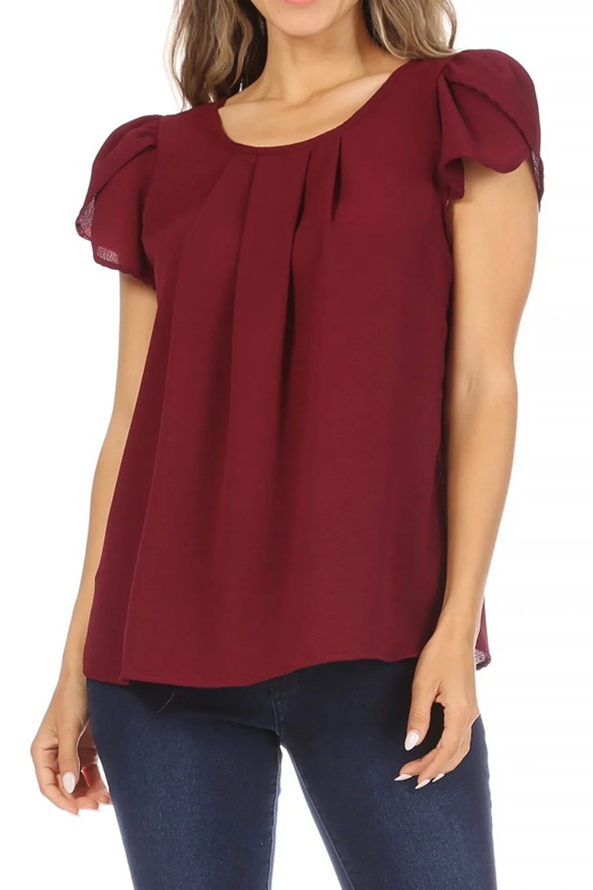 Women's Casual Solid Pleated Front Petal Cap Sleeve Round Neck Tee Blouse Top