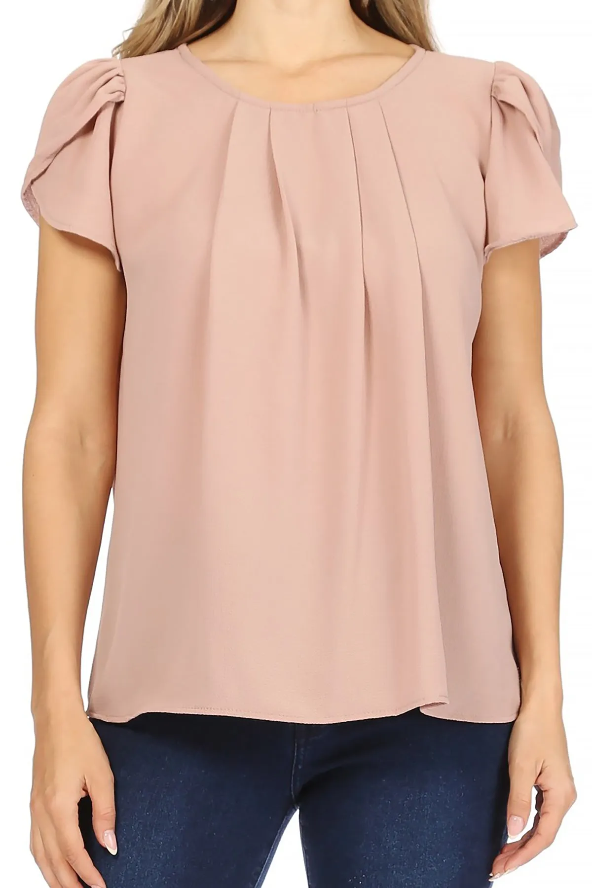 Women's Casual Solid Pleated Front Petal Cap Sleeve Round Neck Tee Blouse Top
