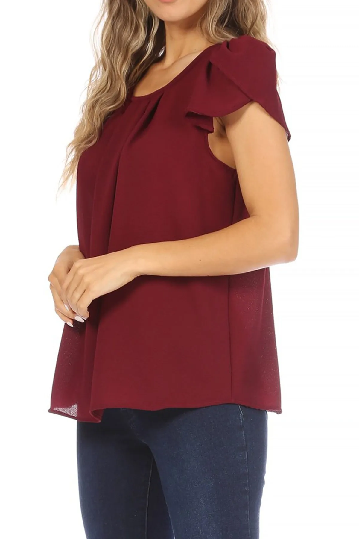 Women's Casual Solid Pleated Front Petal Cap Sleeve Round Neck Tee Blouse Top